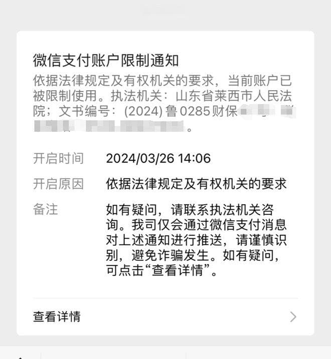 因网络贷款逾期，借款人微信支付被诉前保全冻结