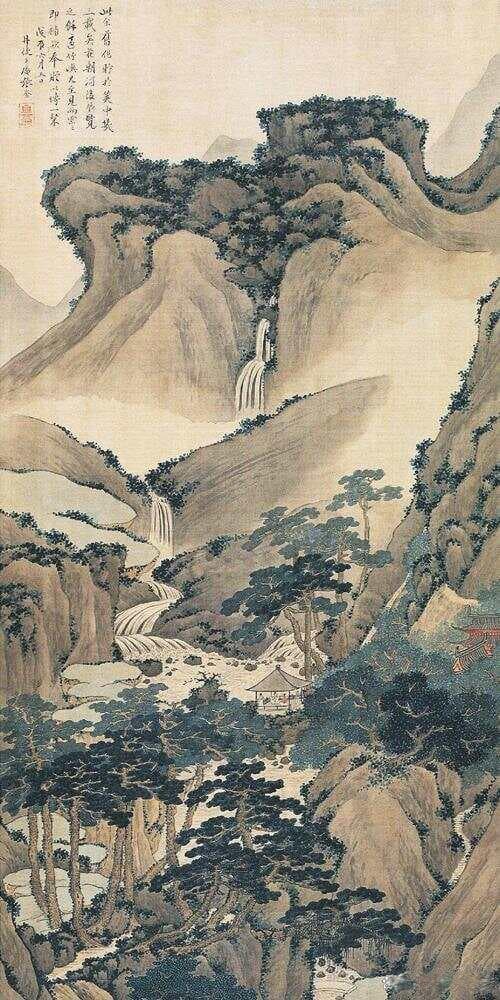 张崟《溪山观瀑》：清代山水画的色彩之美