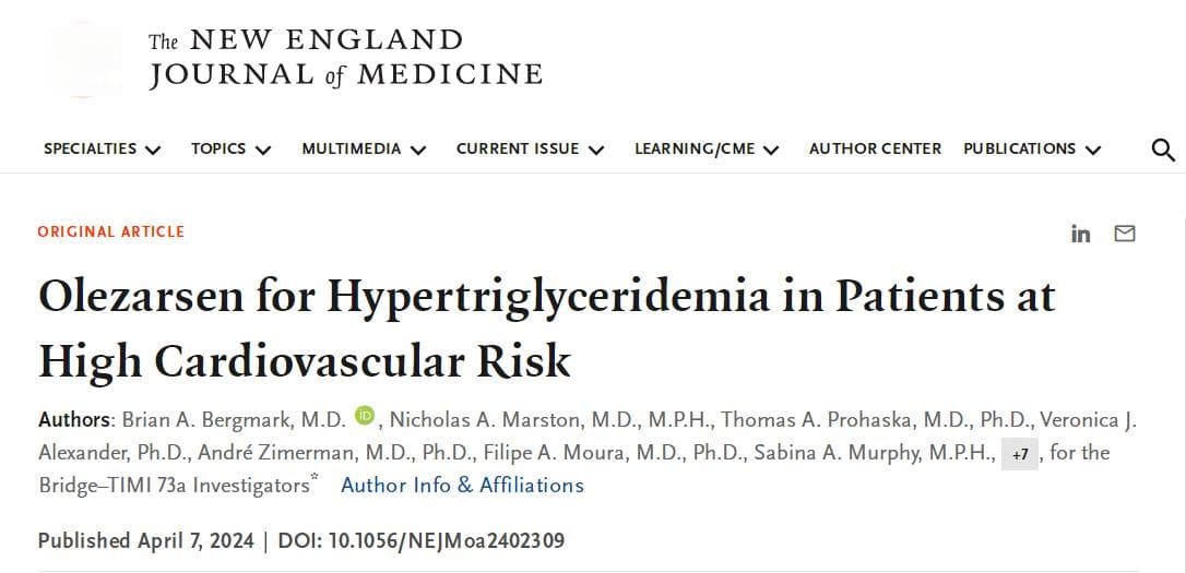 NEJM：一种实验性疗法或能进一步降低高风险患者机体中甘油三酯的水平