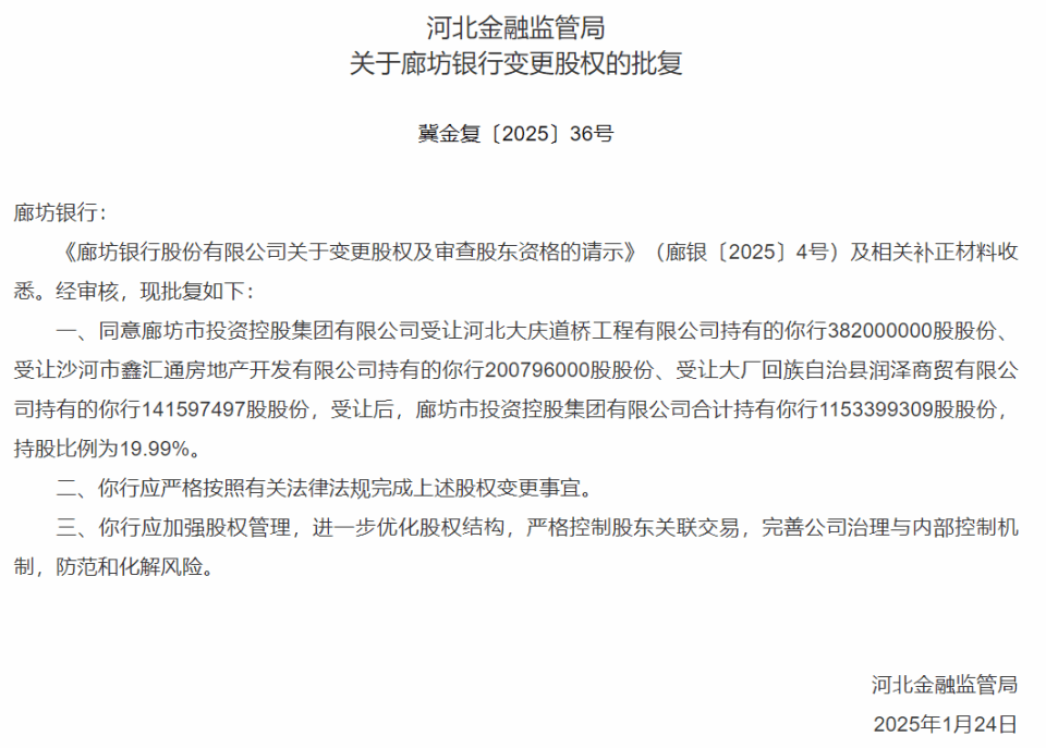 廊坊银行大股东易主，廊坊控股持股增至19.99%获监管批复