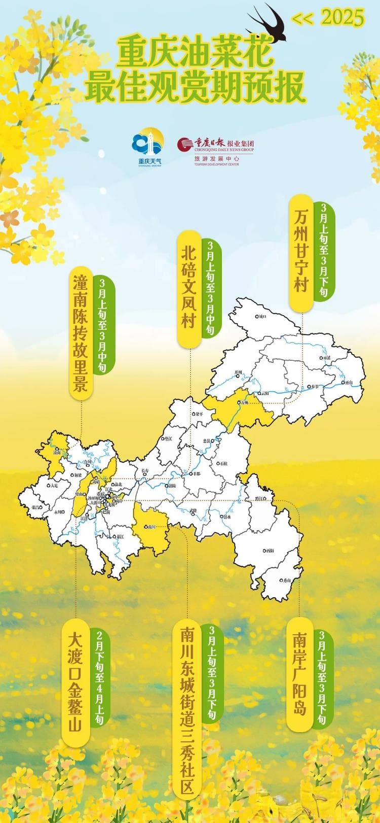 重庆油菜花最佳观赏期地图出炉！满目金黄香百里