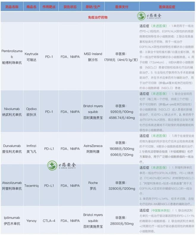 肺癌，靶向及免疫治疗药物汇总表（2024年5月）