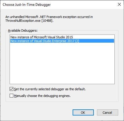在 Visual Studio 中使用 Just-In-Time 调试器进行调试