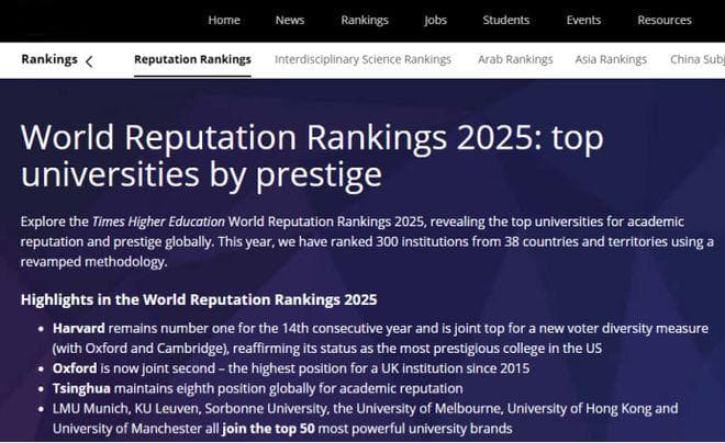 2025年泰晤士高等教育世界大学声誉排名：新加坡高校崛起