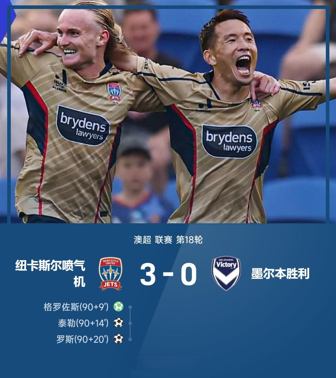 澳超战报：纽卡斯尔喷气机补时连入3球，3-0完胜墨尔本胜利