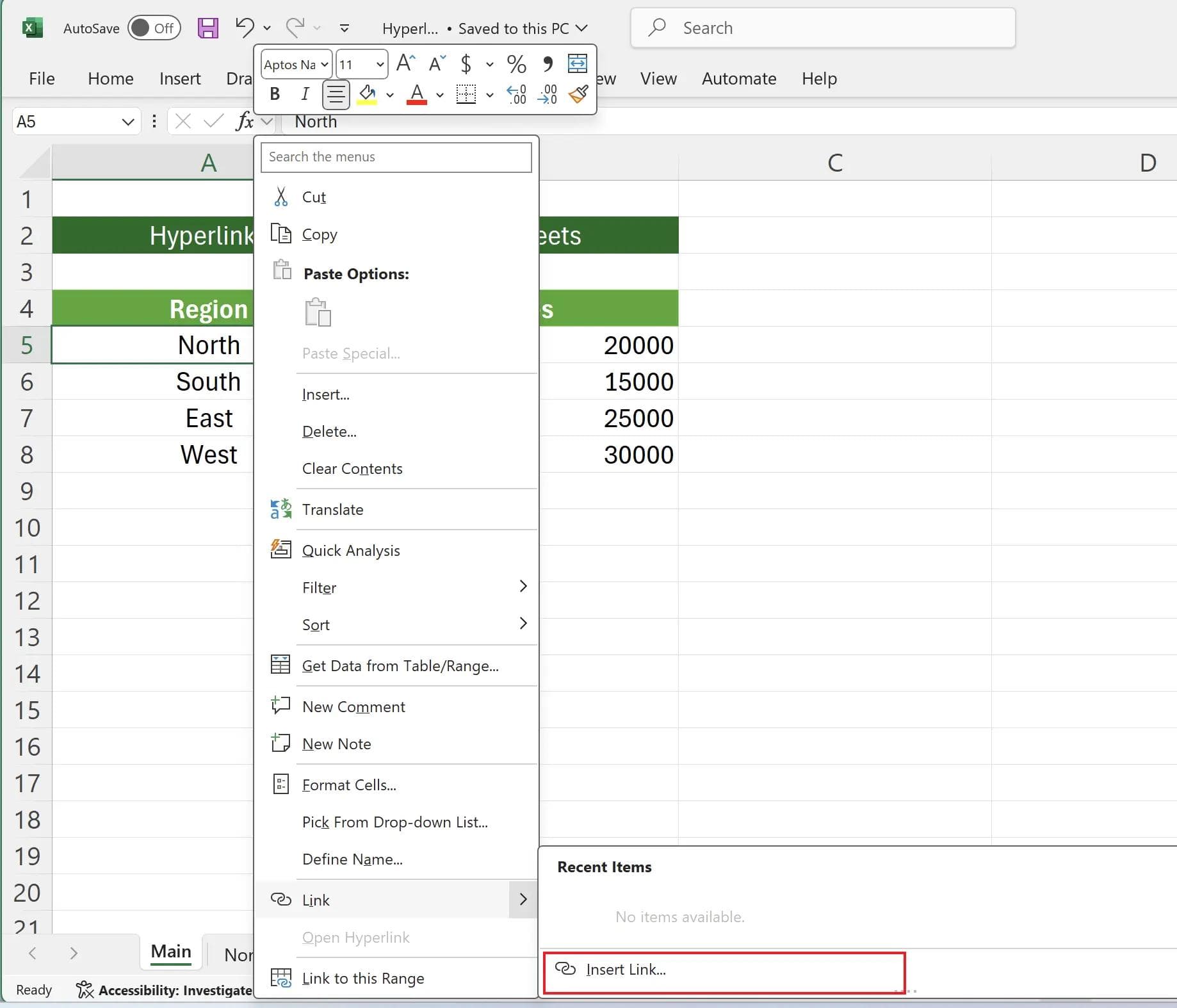 创建超链用于在 Excel 工作表之间导航