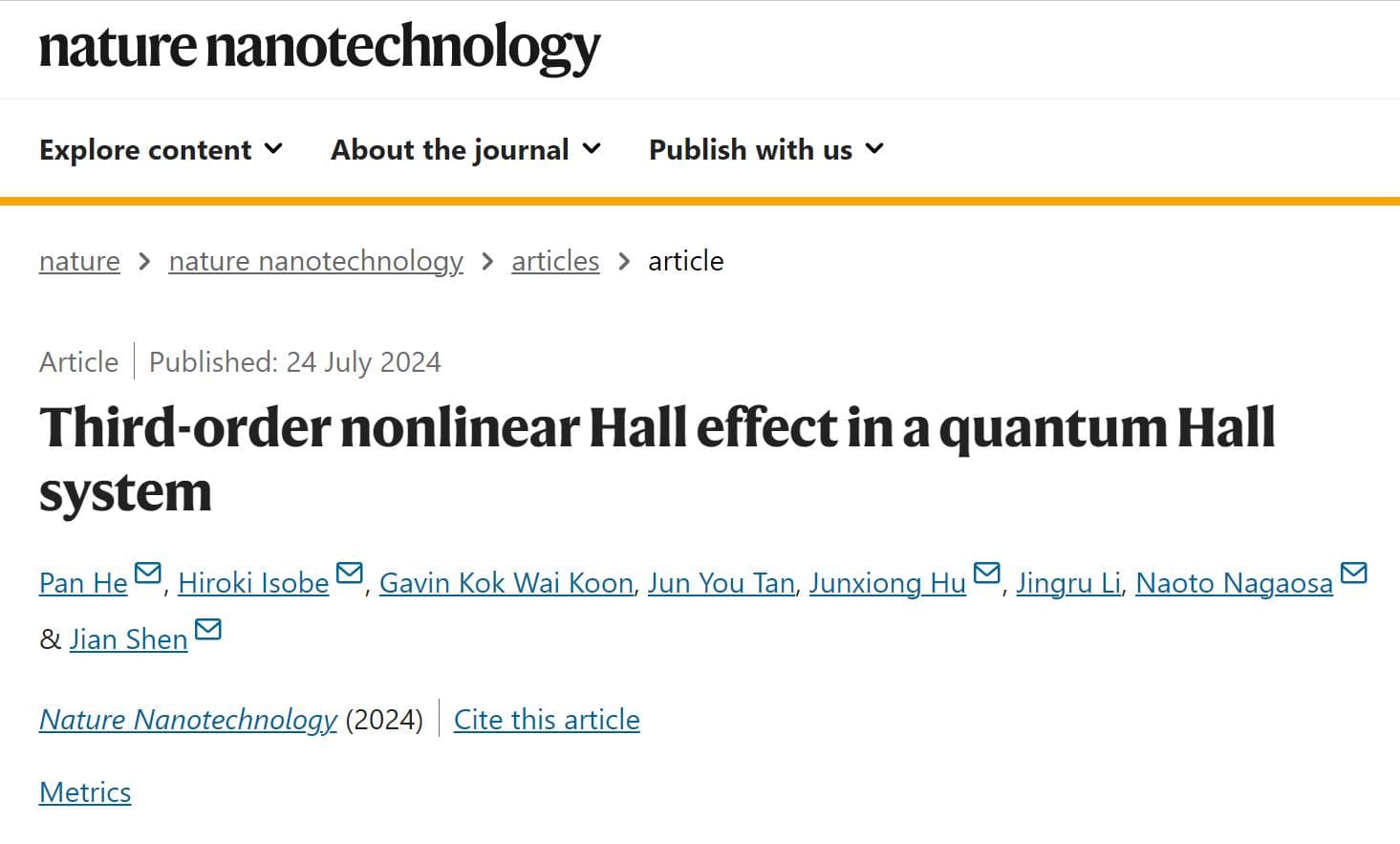 Nature Nanotechnology：量子霍尔系统中的三阶非线性霍尔效应