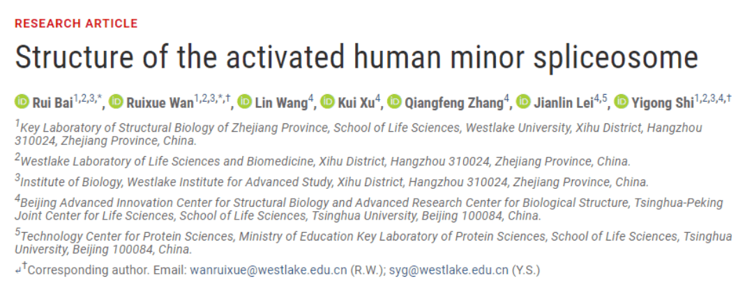 Science：西湖大学万蕊雪&施一公团队在次要剪接体领域再获重要突破