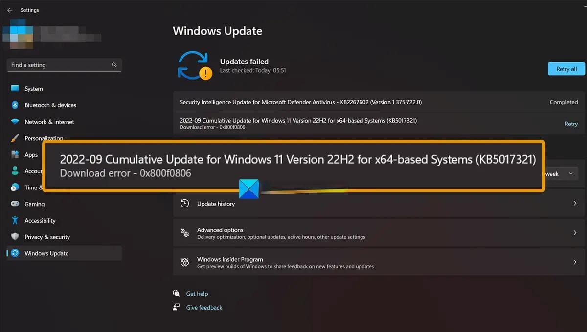 修复下载 Windows 11 更新时出现 0x800f0806 错误