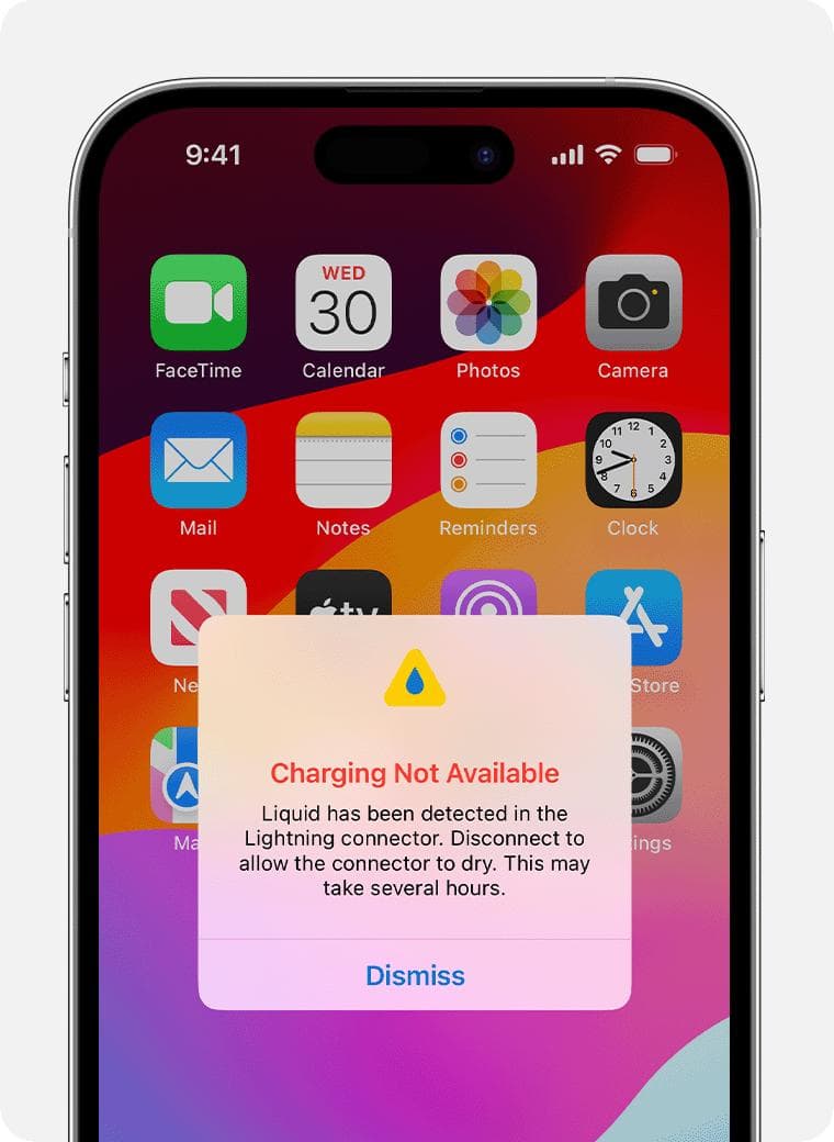 如果 iPhone 上出现液体检测提醒