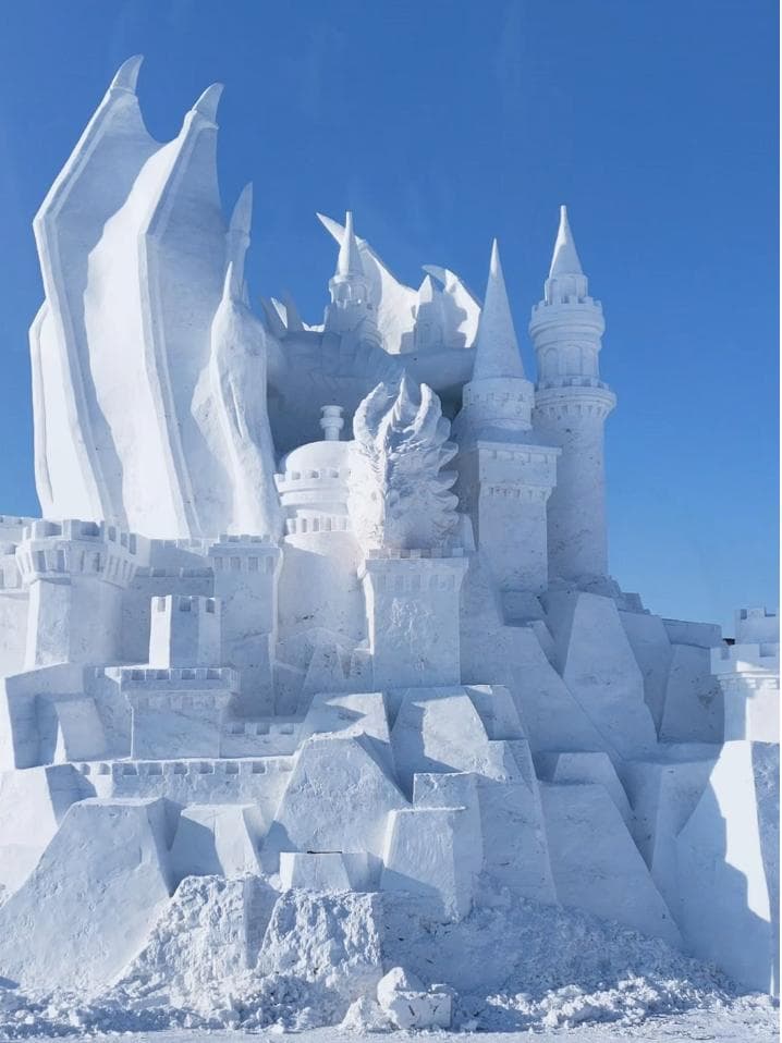 哈尔滨现巨龙雪雕，雕刻师：灵感来自西方神话故事，工作危险性极高