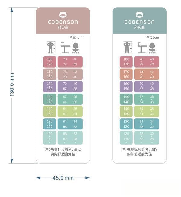 小学生桌椅高度对照表，标准比例