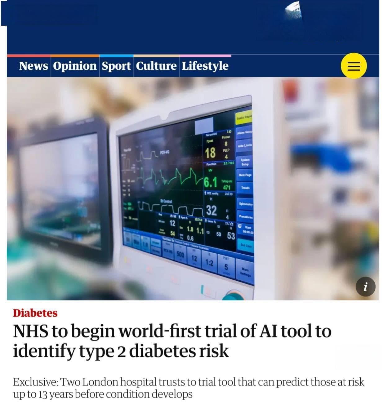 NHS将全球率先试用AI工具，可提前13年预警2型糖尿病