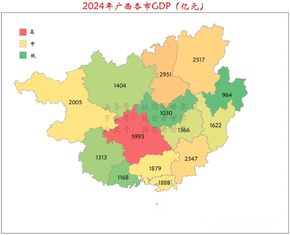 广西各地市2024年GDP排名：南宁领跑，柳州低迷，防城港人均最高
