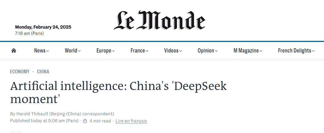 外媒：中国开源模型打破技术垄断 全球AI创新格局迎来"DeepSeek时刻"