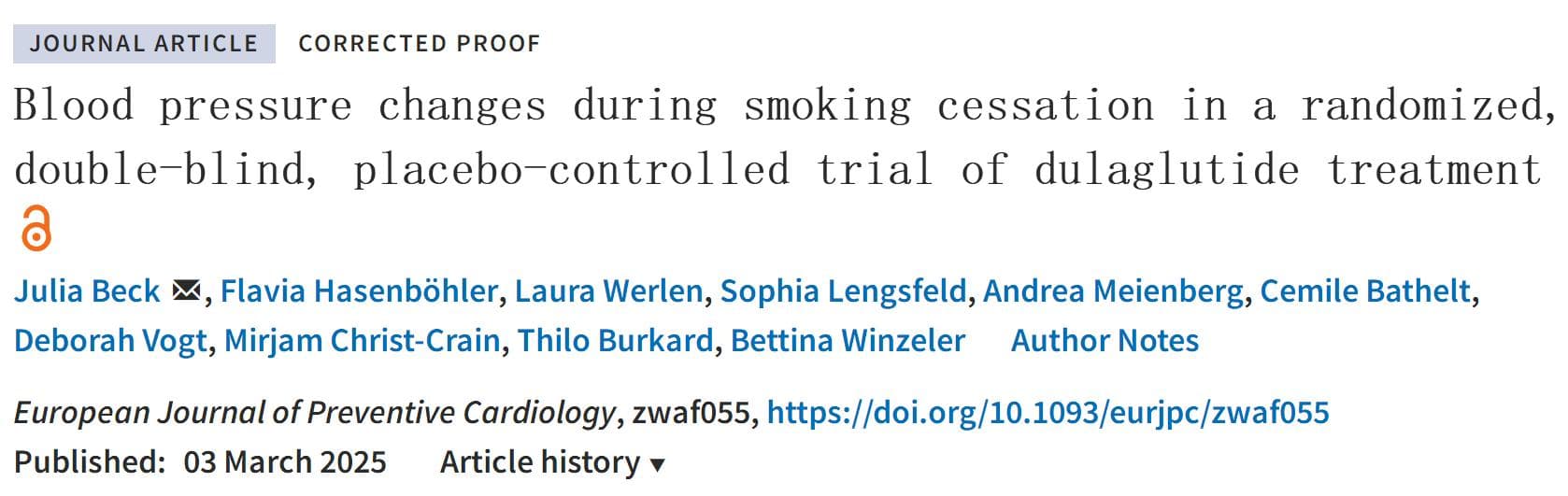 Eur J Prev Cardiol：戒烟期间的血压变化