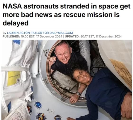 又生变故！两名被困太空宇航员回地球日期再遭推迟！