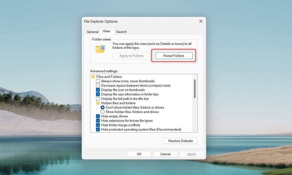 在Windows 11中将文件夹视图重置为默认值