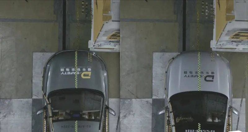 问界M7钻卡车测试翻车？A、B柱全断，C柱车门脱落