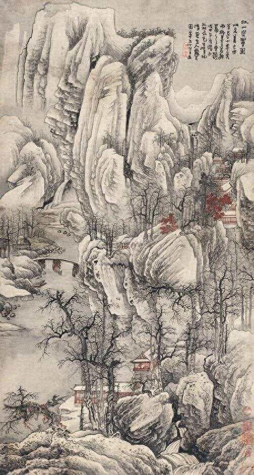 没有大雪纷飞，依然让人感到漫天飞雪的山水画