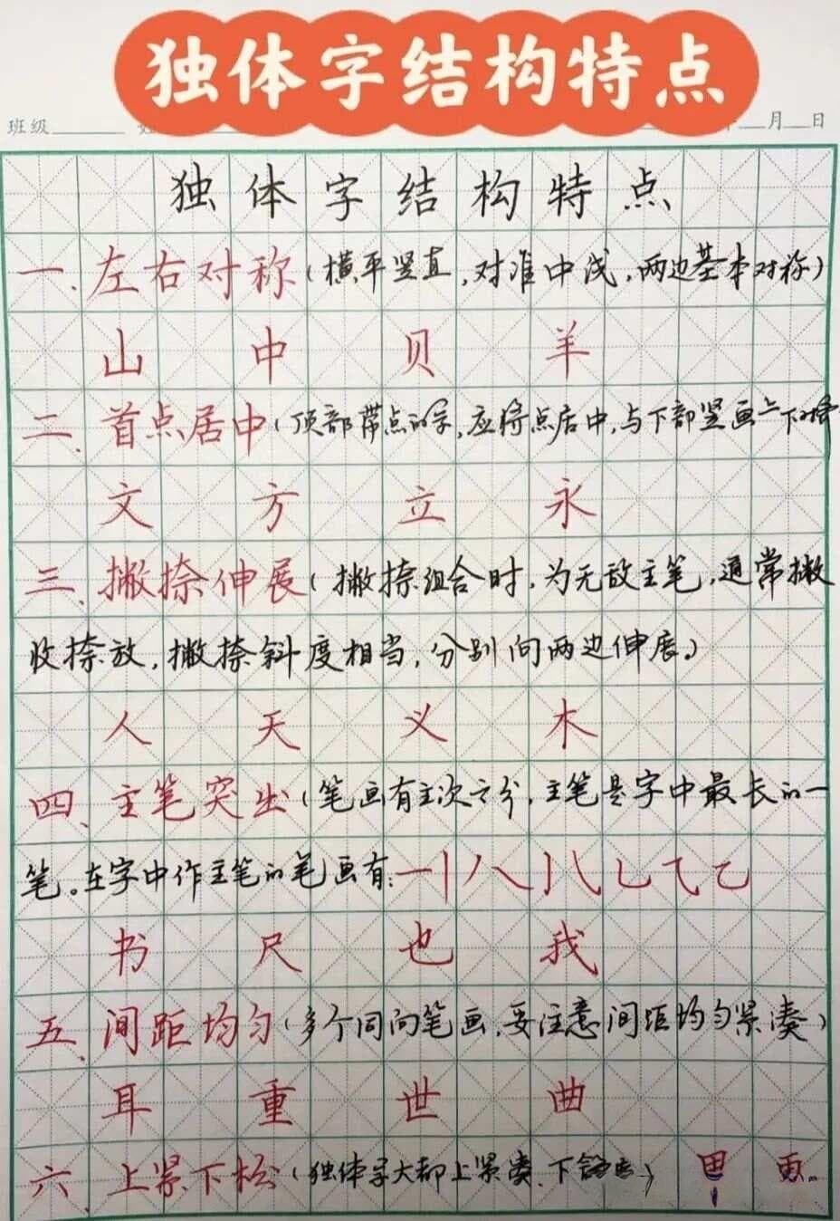 独体字的结构形式及书写要求