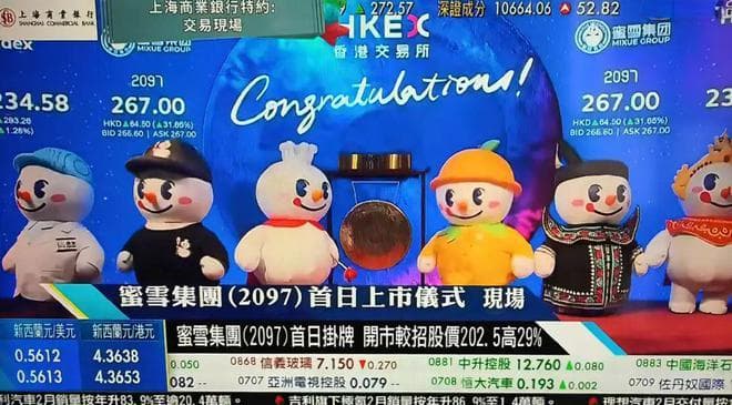 上市派8个玩偶边唱洗脑神曲边敲钟，蜜雪冰城把港交所当雪王见面会了？