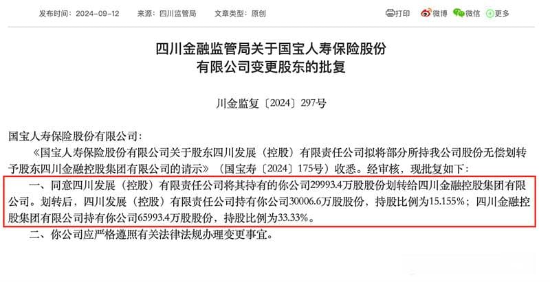 国宝人寿股权迎新变局：第一二大股东席位对调，四川举业投资或新入主