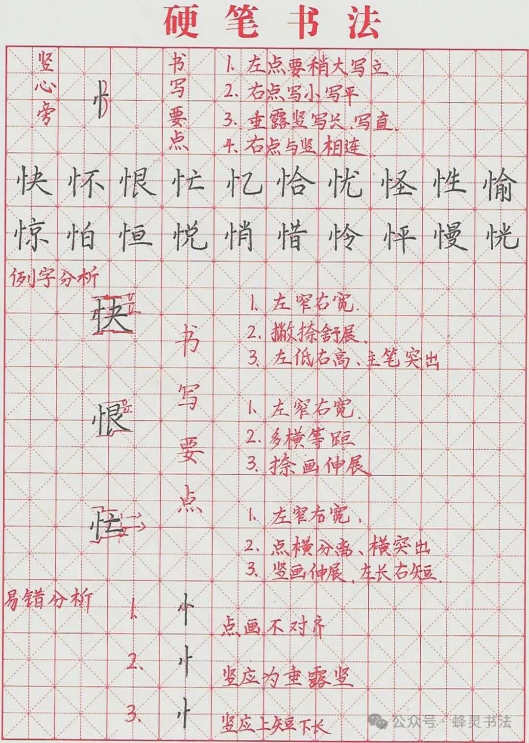 硬笔书法“竖心旁”的规范书写和易错点