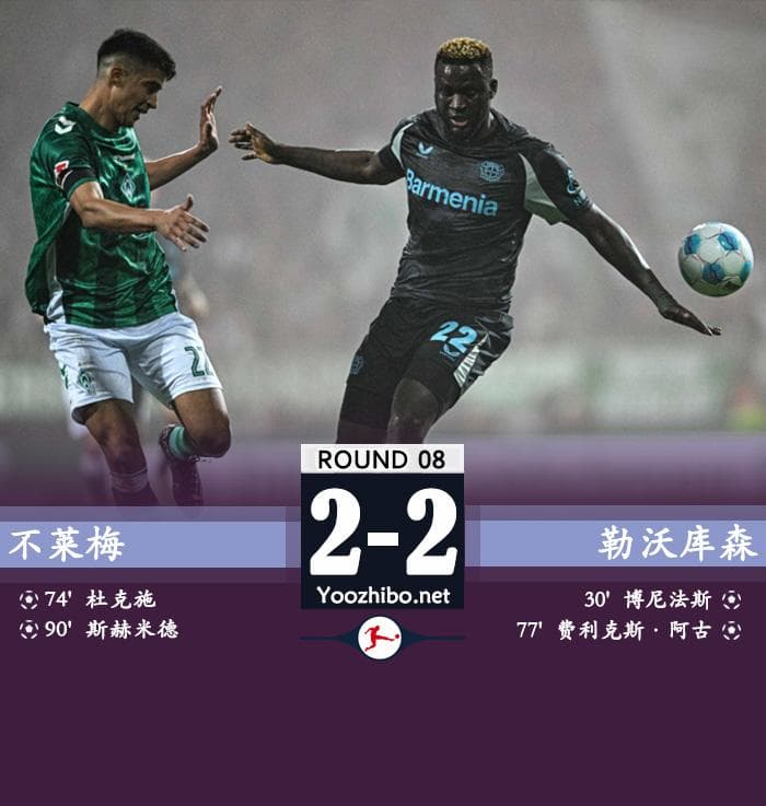 勒沃库森2-2不莱梅各赛事两连平 斯赫米德90分钟世界波