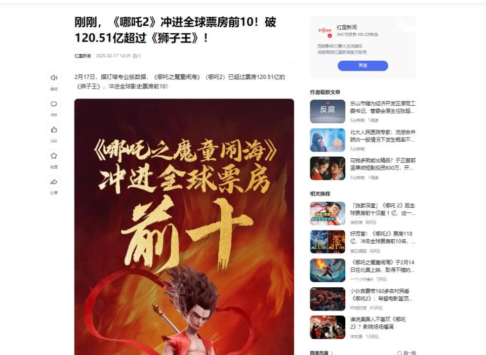 120.51亿！哪吒2超《狮子王》进全球票房前10：国漫辉煌背后的争议与隐忧