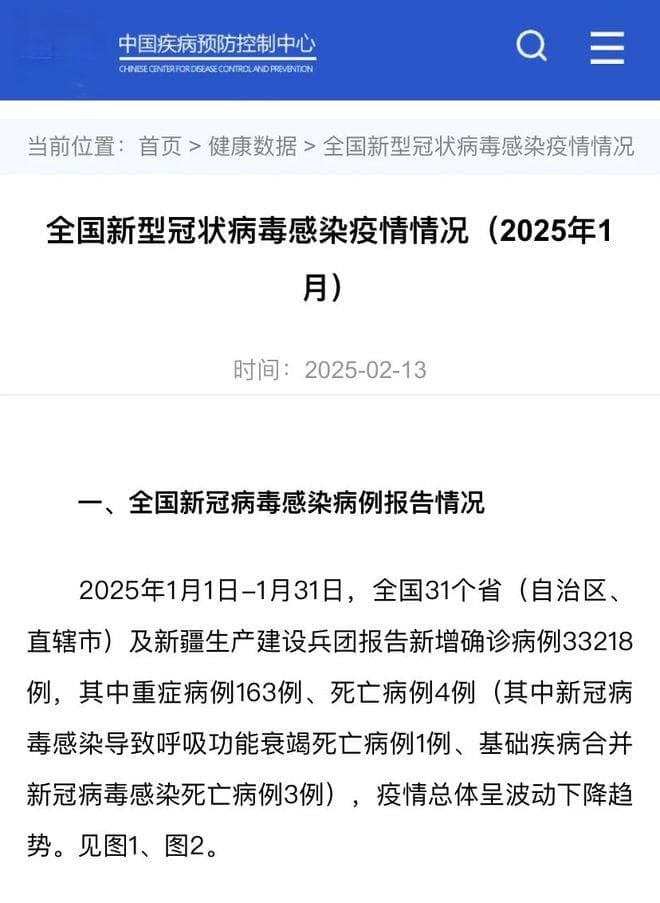 2025年1月全国新冠感染情况通报：新增确诊33218例，重症163例、死亡4例