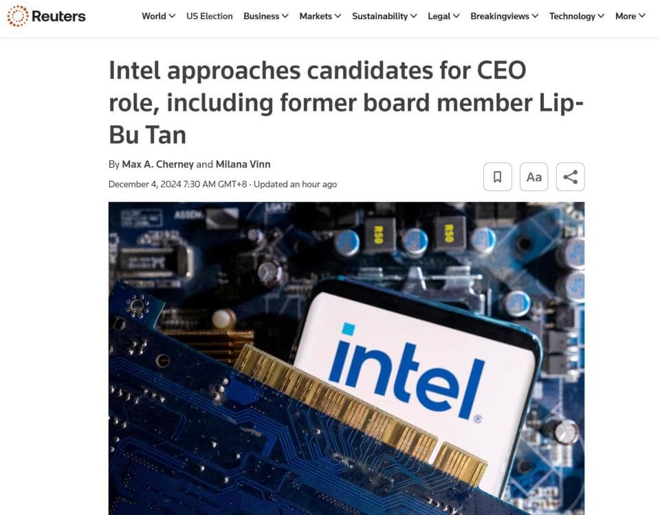 英特尔全球搜寻新CEO，陈立武等外部人士进入视野