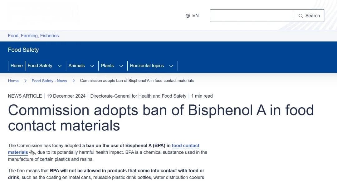 重磅！欧盟正式通过食品接触材料的双酚A（BPA）禁令！