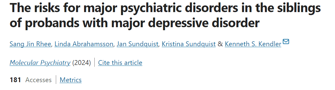 Molecular Psychiatry：抑郁症患者兄弟姐妹中主要精神障碍的风险