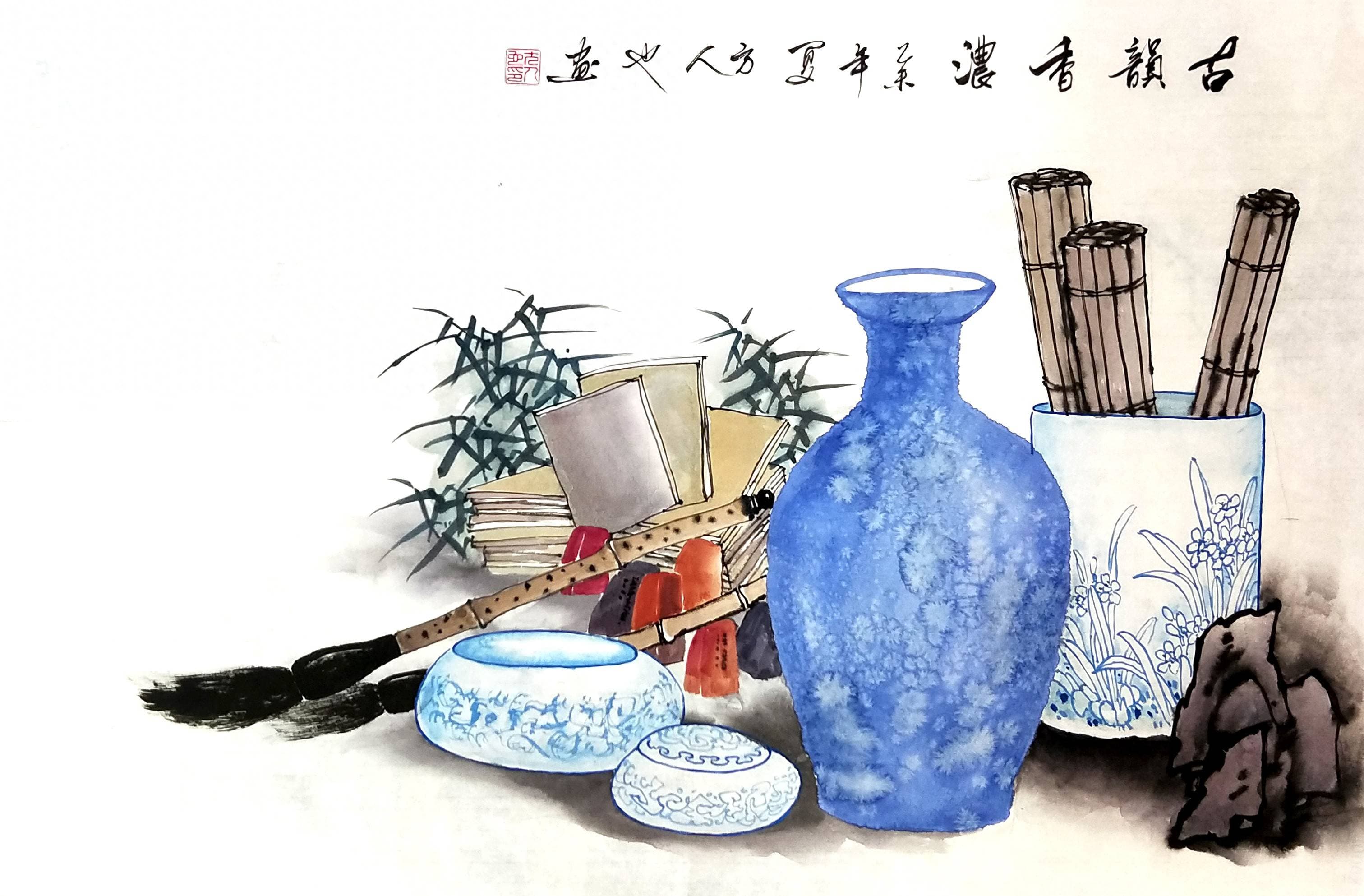 方人也：国画青花瓷作品的艺术魅力