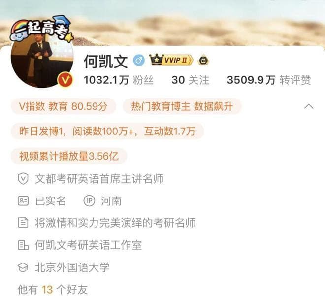 考研名师何凯文被质疑英语成绩造假，机构：不可能，会安排直播查成绩