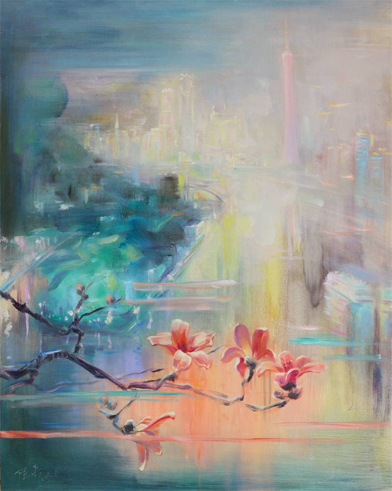 油画家陆兵《雨夜新城》：朦胧梦幻的光芒
