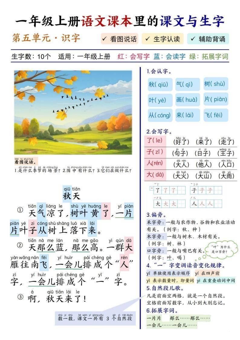 一年级上册语文课本里的课文与生字（第五单元）电子版可打印