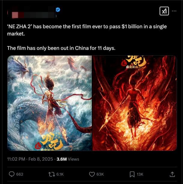 两句话在海外社媒介绍《哪吒2》，引来超360万次浏览，网友喊话好莱坞