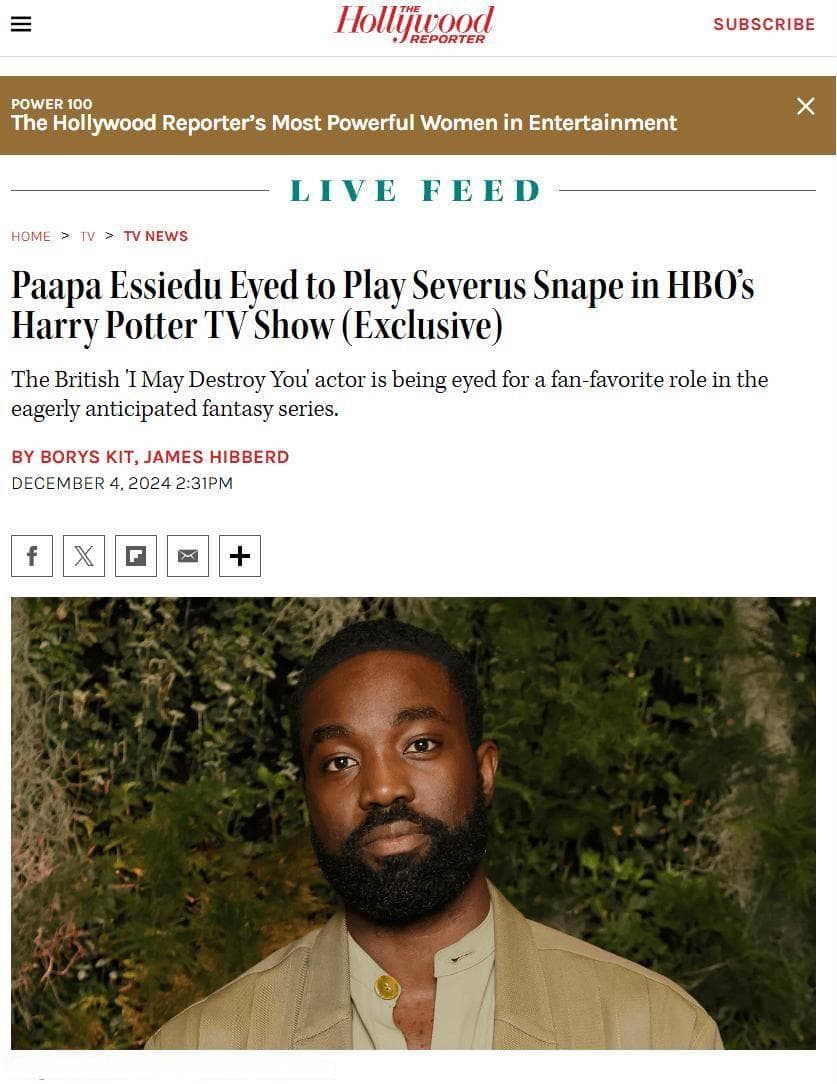 消息称《哈利・波特》剧集考虑让 Paapa Essiedu 饰演斯内普教授