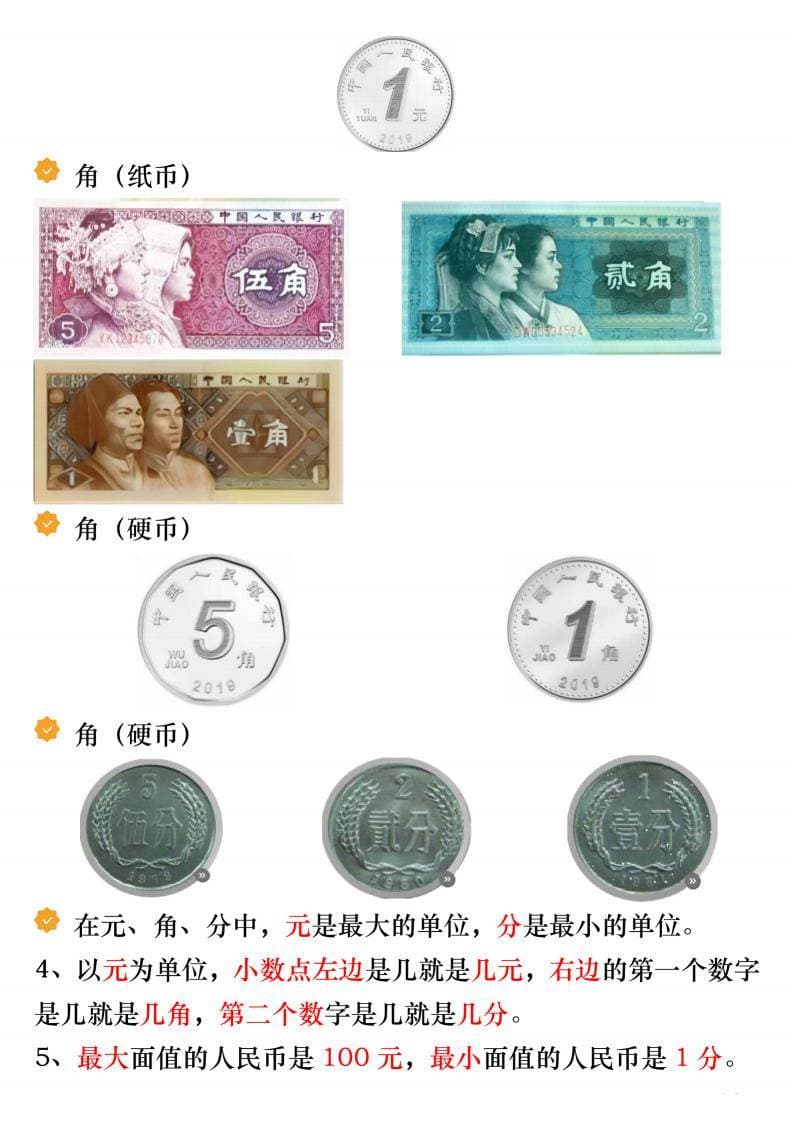 一年级数学下册人民币必考知识汇总