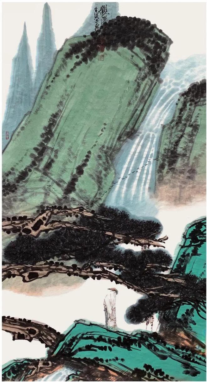 李鼎成《山高水长》系列作品赏析：雅士临渊寻妙意，扁舟破雾逐新潮