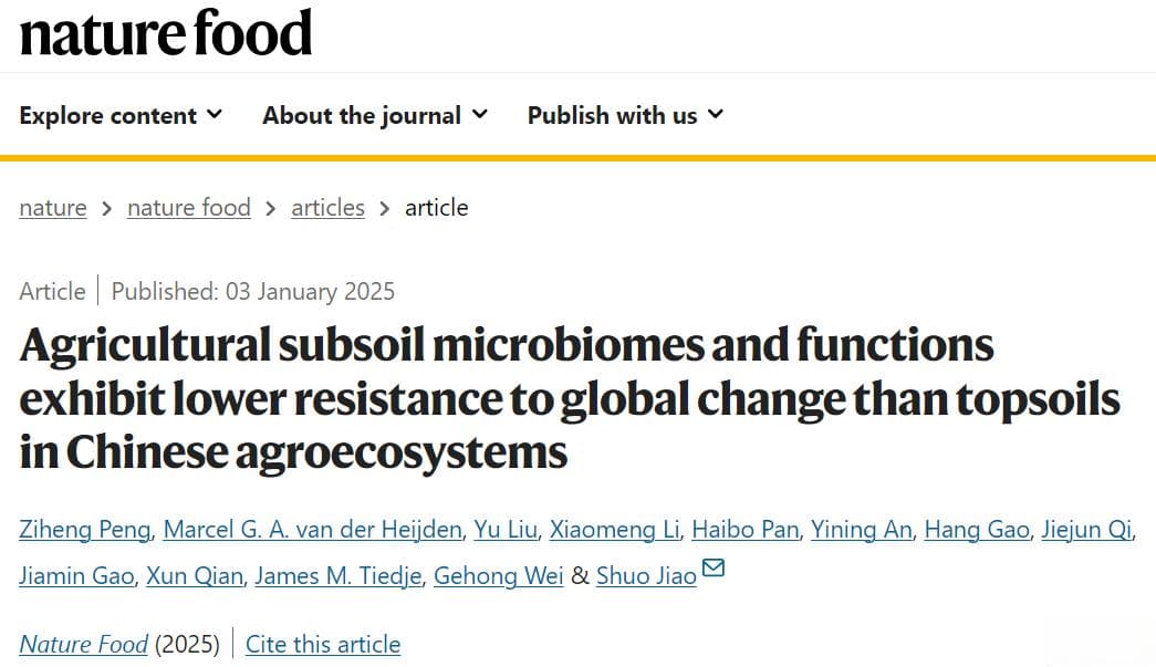 Nature Food最新研究：农田下层土壤微生物群落对环境变化的抵抗力更低
