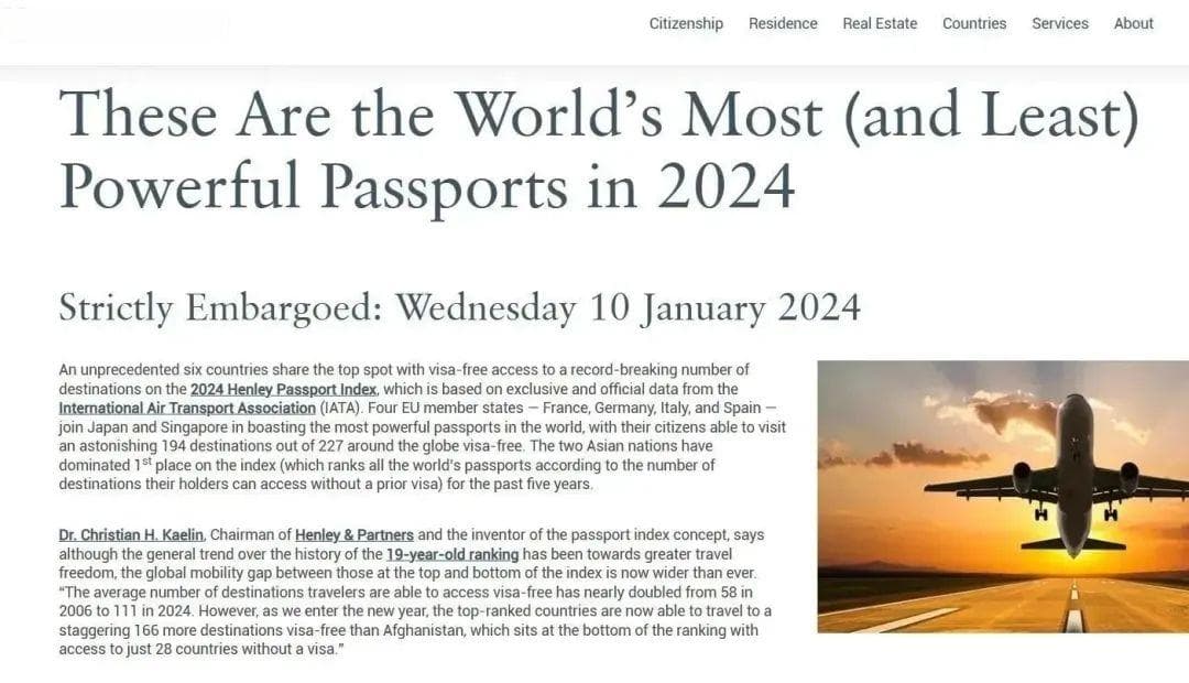 2024年全球最强护照揭晓：日本新加坡法国等六国并列第一