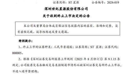 8万股东踩雷！深市“老五股”之一ST星源终止上市！