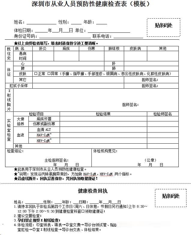 深圳健康证明体检项目一览表