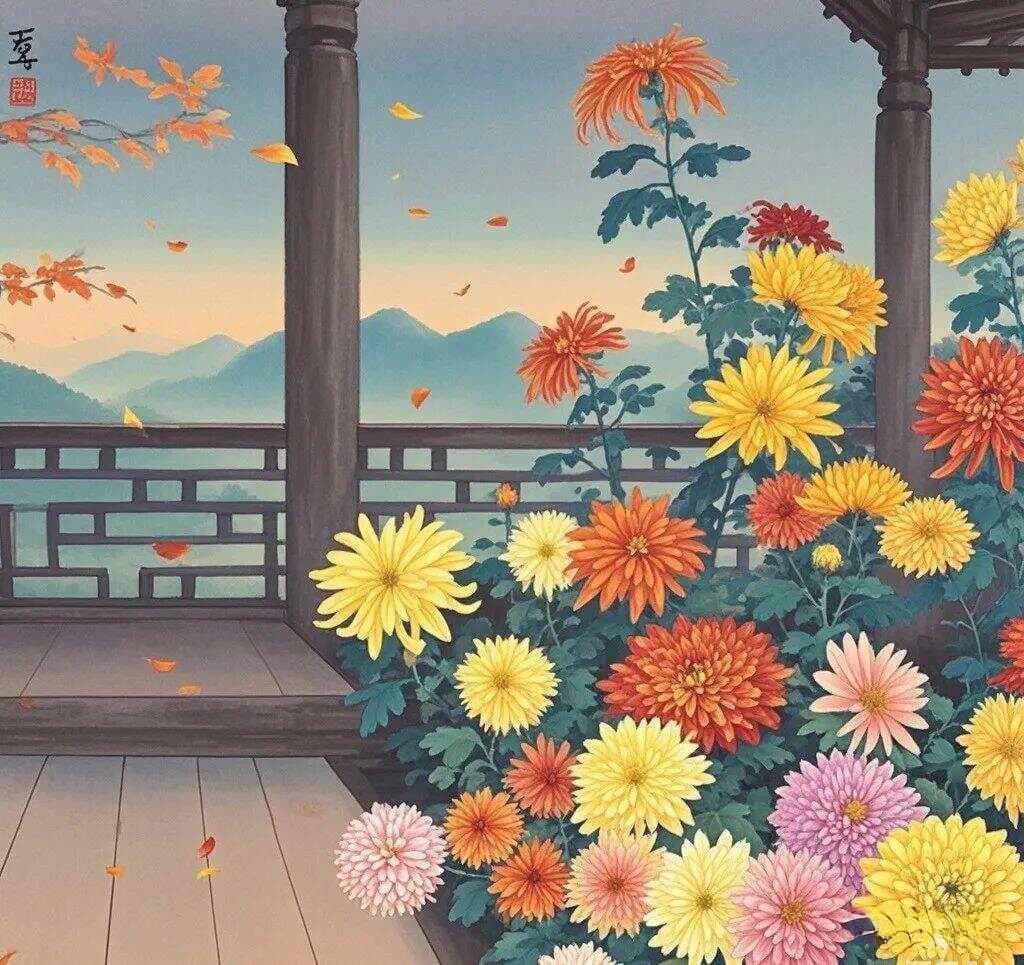 国画小写意菊花：九月菊花黄，风摇满院香。秋深添秀色，韵雅赋华章
