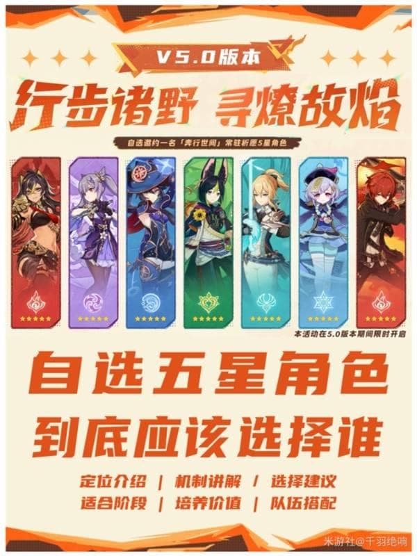 《原神》5.0版本五星角色自选攻略：角色特点与搭配建议