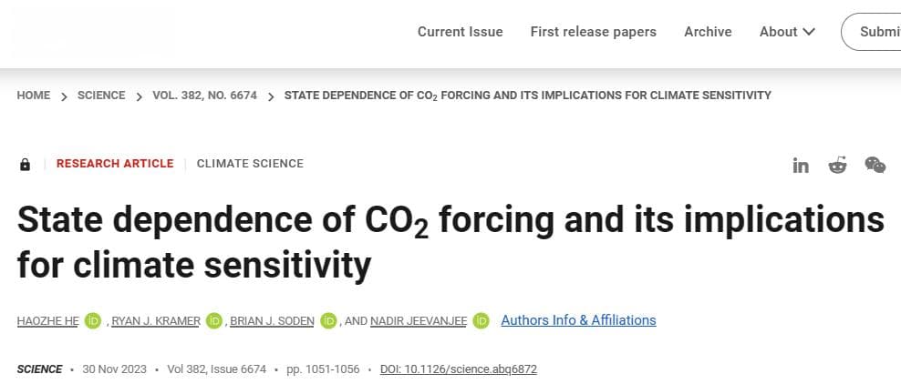 Science正刊：二氧化碳浓度增加会增强其温室效应