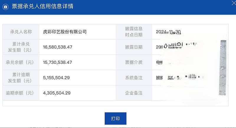 虎彩印艺票据逾期，六年累计亏损近7亿元
